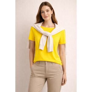 Lauren Ralph Lauren Yellow Boatneck Top Women L Cotton Stretch Short Sleeve Tee